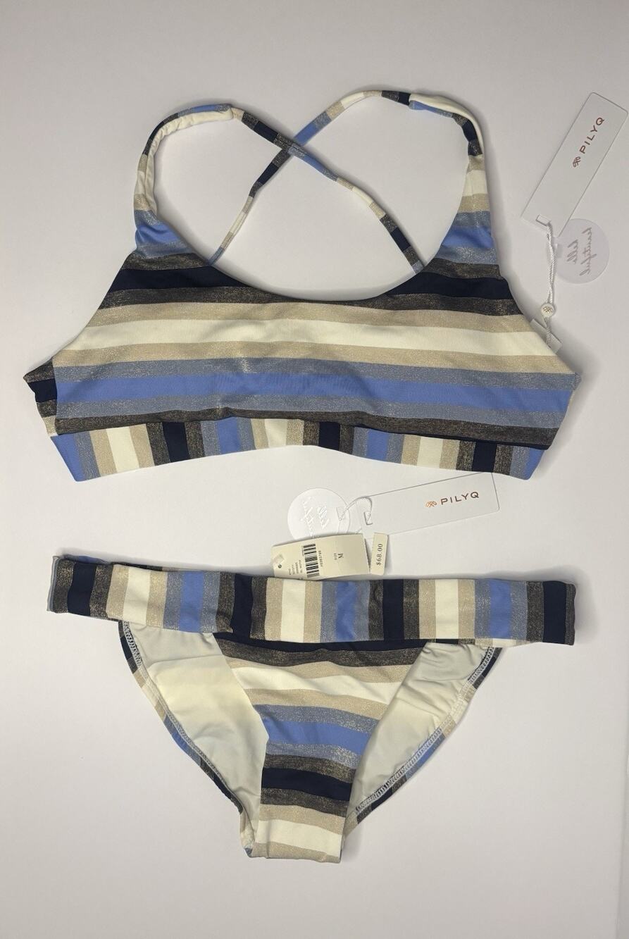 PilyQ Cancun Sporty Banded Top and Thick Banded Bottom Bikini Set Sz M NWT